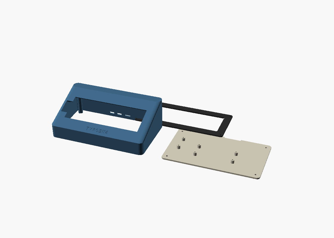 The three printed parts laid out — body, bracket, baseplate