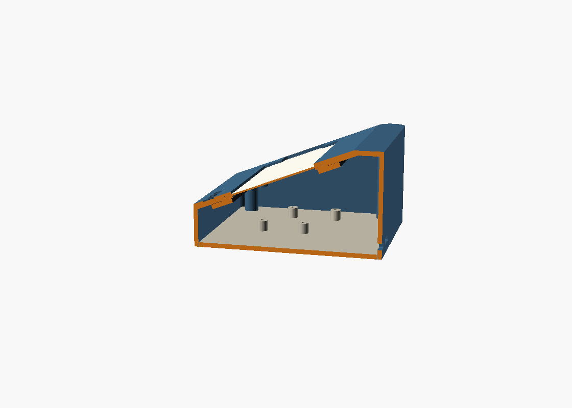Midline section: glass clamped between the front lip and the rear foam + bracket; the FPC bay is the notch in the left bezel, standoffs on the cavity floor