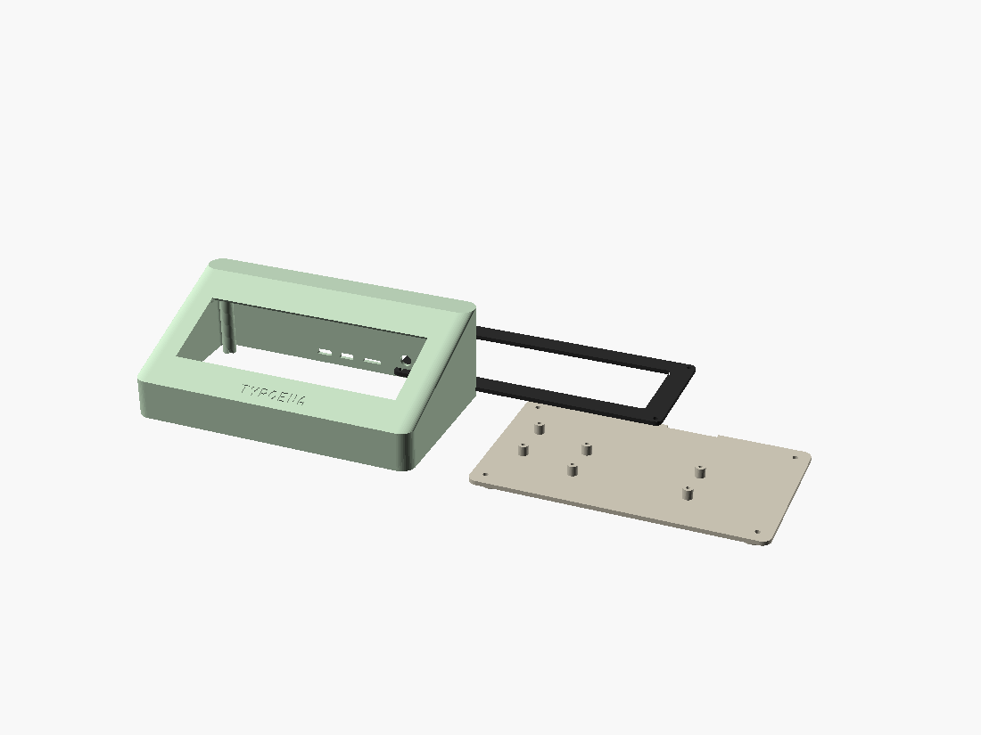 The three printed parts laid out — body, bracket, baseplate