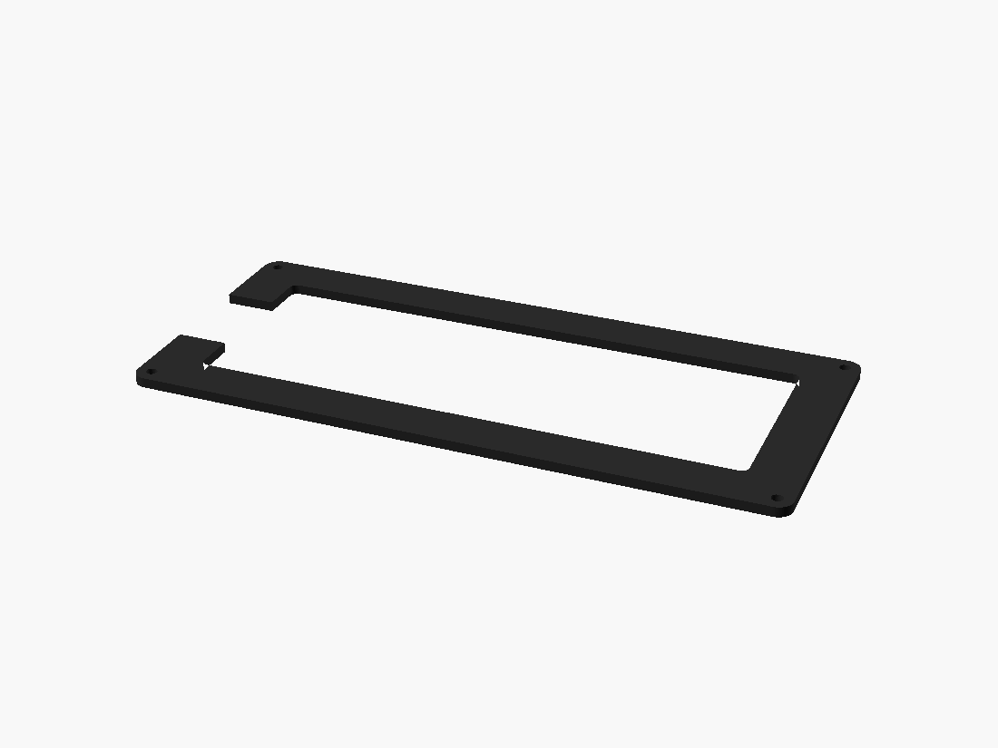 The screwed bracket — four corner holes, window clears the active area, and the left edge is relieved to give the FPC room to U-turn into the cavity