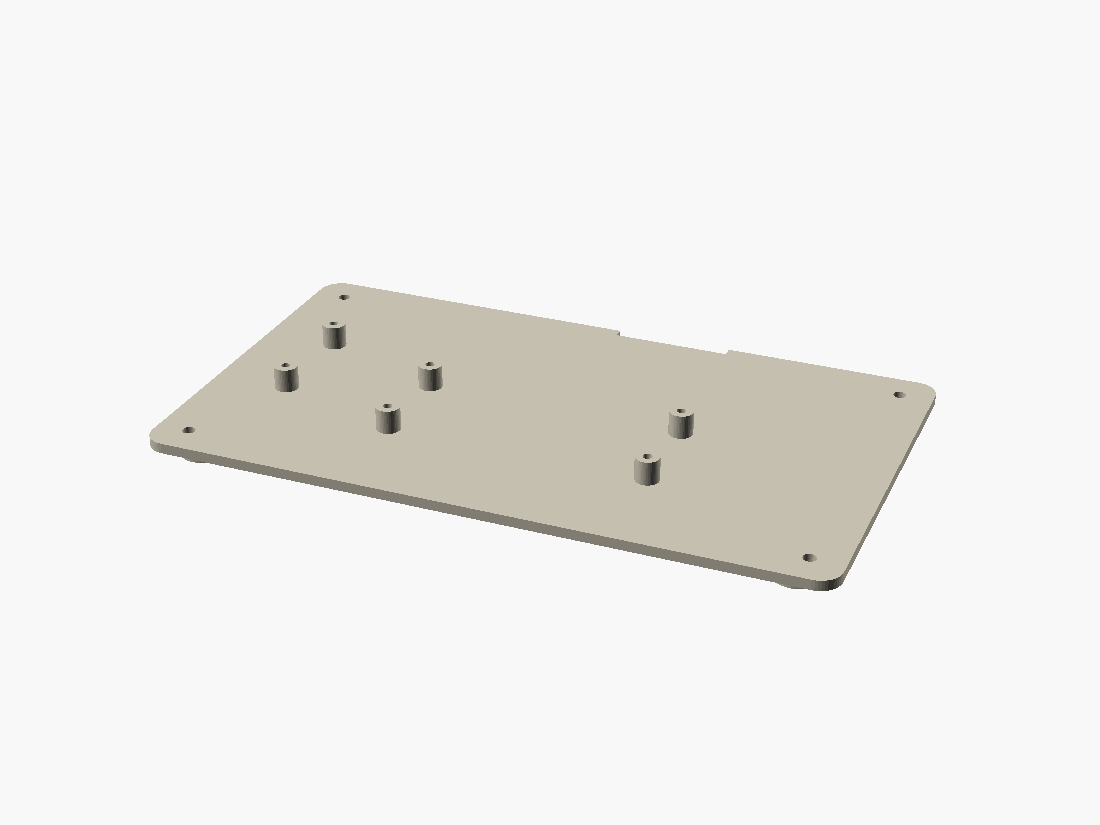 The baseplate — four standoffs for the ESP32 (centre) and two for the DESPI-C579 breakout (left, under the FPC exit); mount at the bench, then close from below