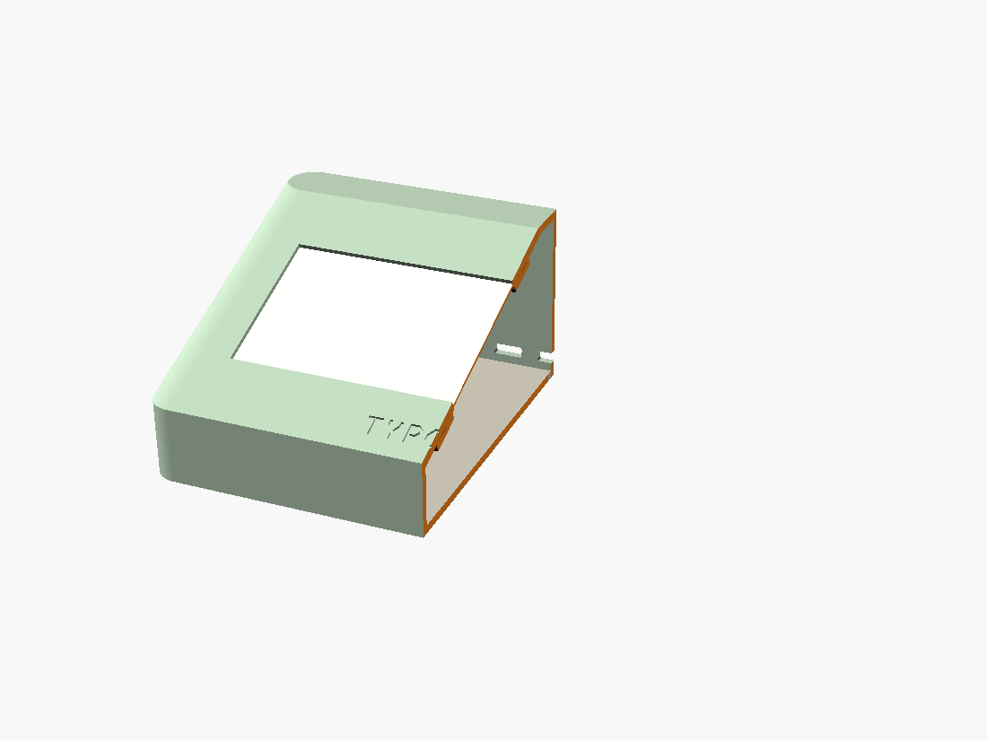 Midline section: glass clamped between the front lip and the rear foam + bracket; the internal FPC clearance is hidden below the left bezel, standoffs on the cavity floor