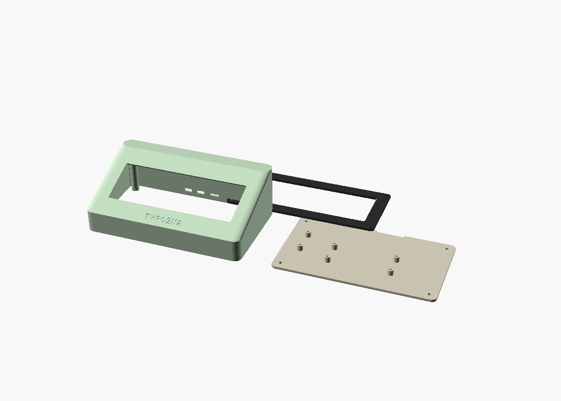 The three printed parts laid out — body, bracket, baseplate