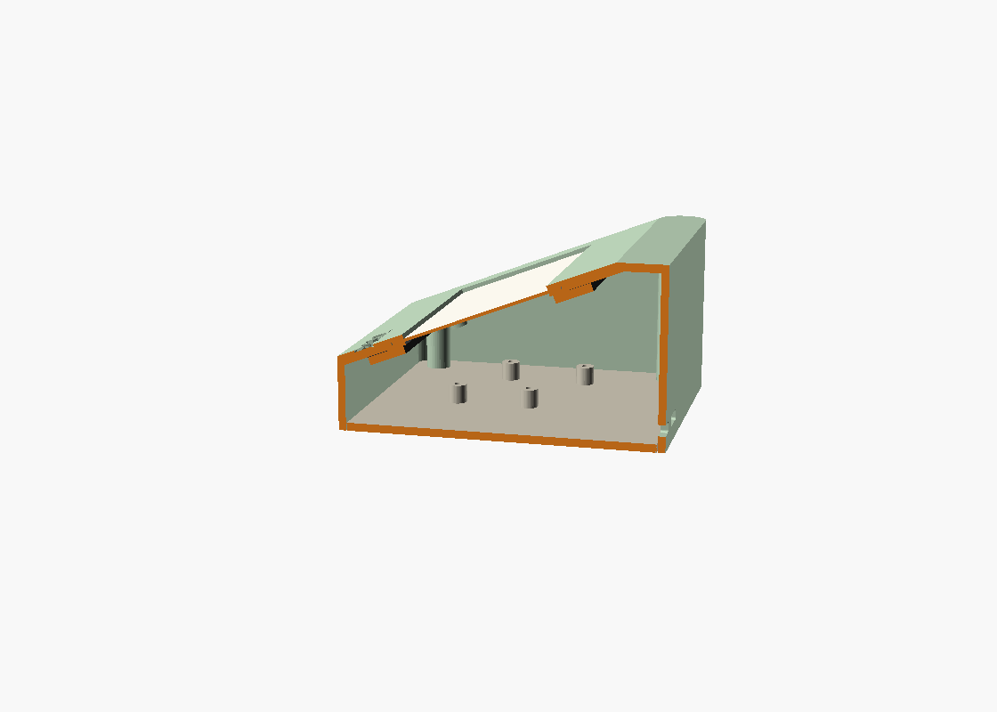 Midline section: glass clamped between the front lip and the rear foam + bracket; the internal FPC clearance is hidden below the left bezel, standoffs on the cavity floor