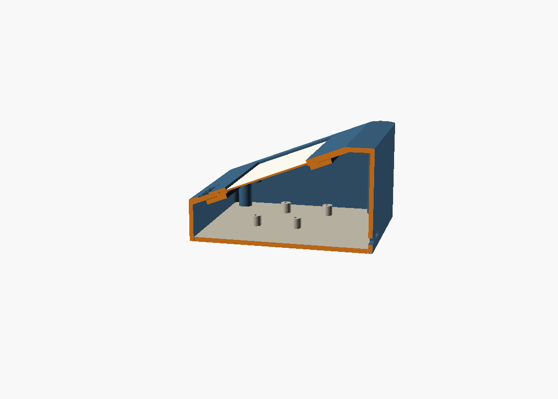 Midline section: glass clamped between the front lip and the rear foam + bracket; the internal FPC clearance is hidden below the left bezel, standoffs on the cavity floor