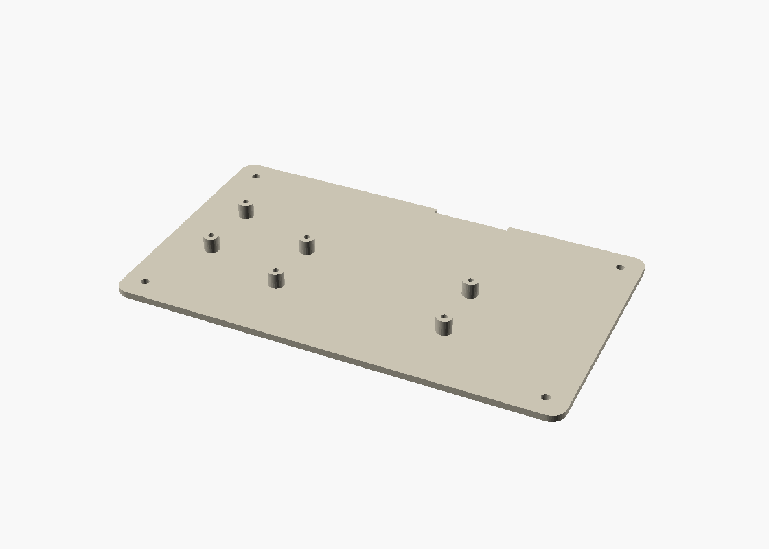 The baseplate — four standoffs for the ESP32 (centre) and two for the DESPI-C579 breakout (left, under the FPC exit); mount at the bench, then close from below